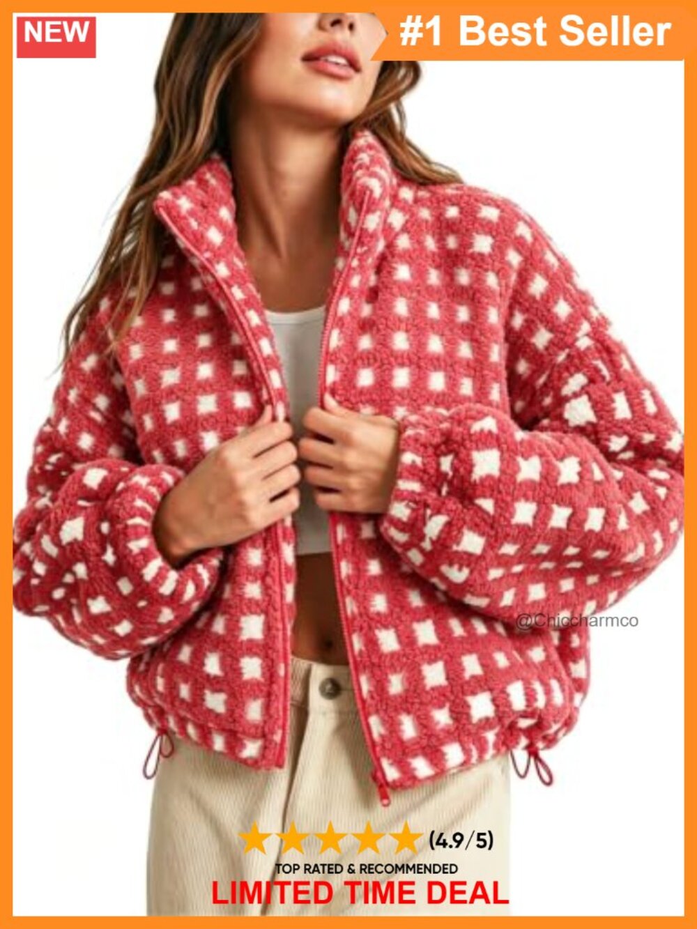 Women's Sherpa Fleece Zip Up Jacket Long Sleeve Checkered Warm Coat